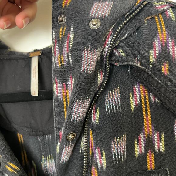 Free People Ikat Print Hooded Utility Jacket Black Cotton Boho Lagenlook - Picture 14 of 15